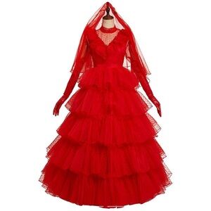 Lydia’s red wedding dress and accessories from Beetlejuice